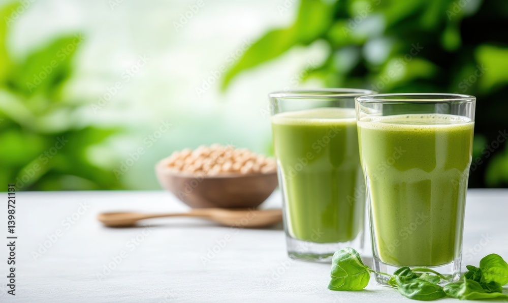Green smoothie with bowl of grains and spices for healthy eating nutrition Green smoothie with bowl of grains and spices for healthy eating nutrition
