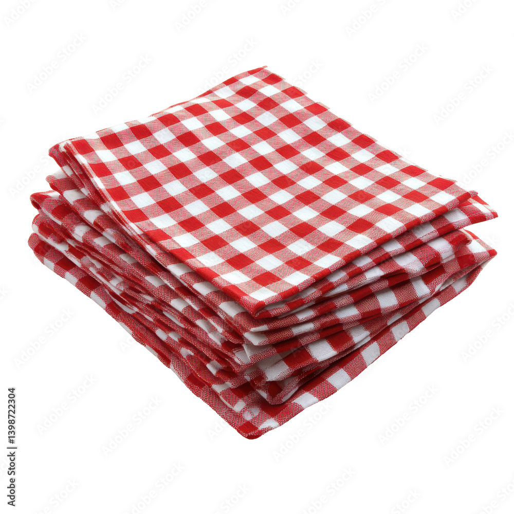 A neatly stacked pile of red and white checkered napkins ready for a picnic setting A neatly stacked pile of red and white checkered napkins ready for a picnic setting