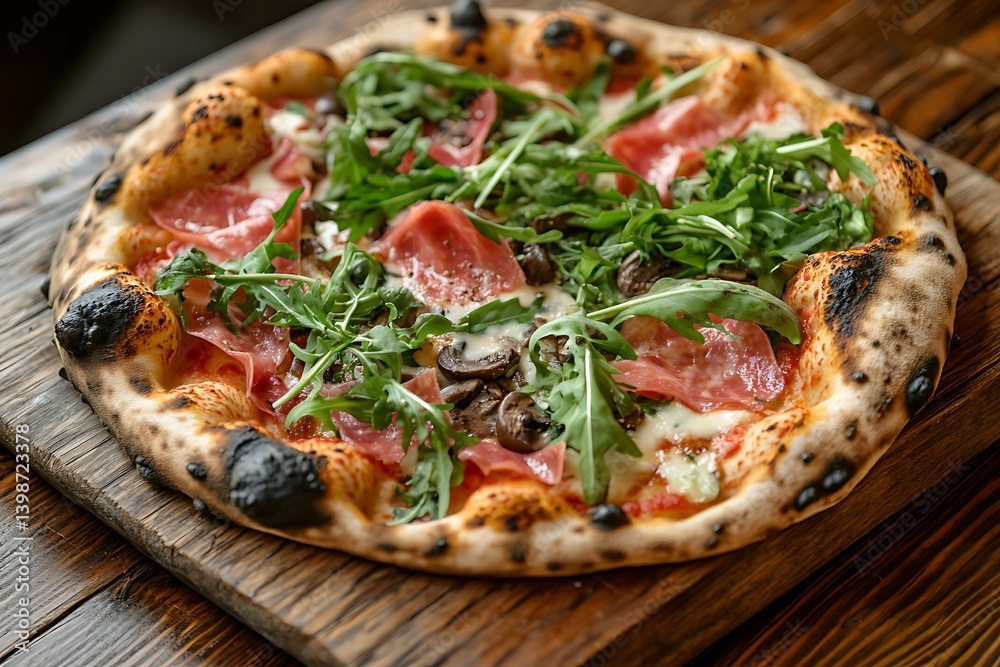 Freshly baked pizza with toppings on rustic wooden board Freshly baked pizza with toppings on rustic wooden board