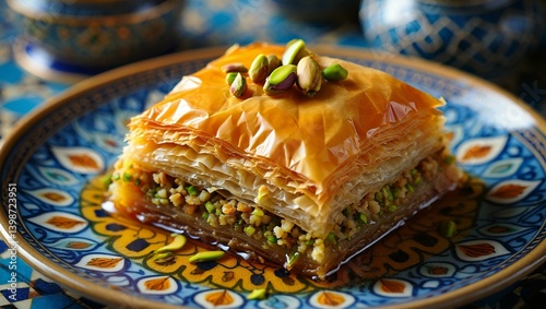 Delicious Baklava pastry, traditional middle eastern sweet with pistachios