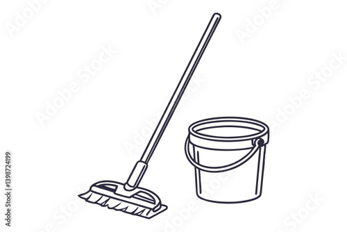 Mop and Bucket Cleaning Line Art