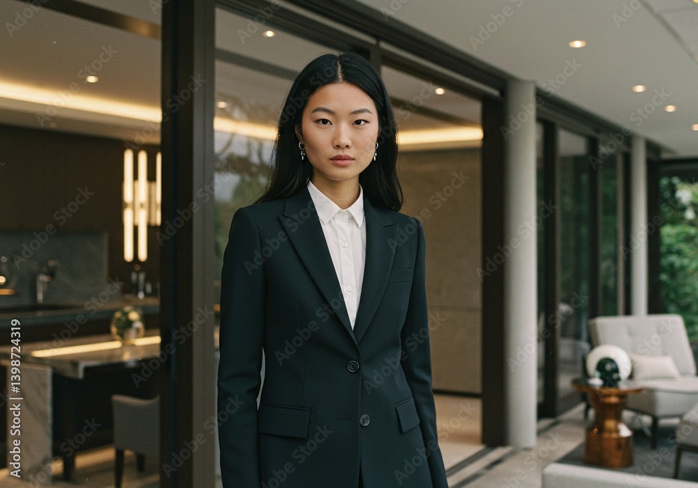 An elegant woman in a tailored suit poses confidently indoors, with a modern home interior setting. She exudes professionalism and style An elegant woman in a tailored suit poses confidently indoors, with a modern home interior setting. She exudes professionalism and style