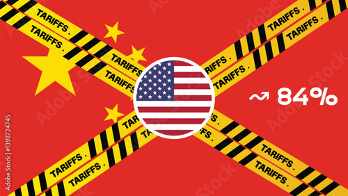 United States applied tariffs on multiple countries, containers painted with flag and yellow warning lines in front backdrop. Tariffs, taxes, import tariff concept, china, canada, india