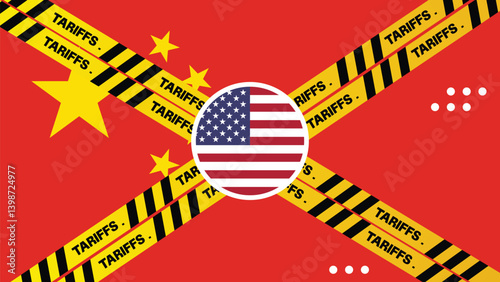 United States applied tariffs on multiple countries, containers painted with flag and yellow warning lines in front backdrop. Tariffs, taxes, import tariff concept, china, canada, india
