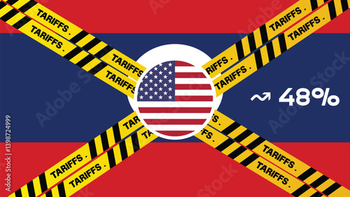 United States applied tariffs on multiple countries, containers painted with flag and yellow warning lines in front backdrop. Tariffs, taxes, import tariff concept, china, canada,Laos