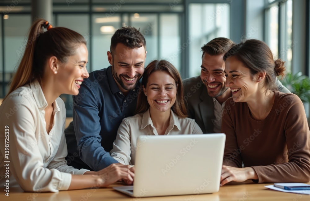 Diverse business team collaborates smiling over laptop in modern office. Happy colleagues brainstorm project, discuss ideas, teamwork, positive attitude, innovation. Group professionals, diverse Diverse business team collaborates smiling over laptop in modern office. Happy colleagues brainstorm project, discuss ideas, teamwork, positive attitude, innovation. Group professionals, diverse