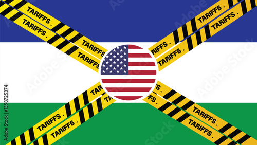 United States applied tariffs on multiple countries, containers painted with flag and yellow warning lines in front backdrop. Tariffs, taxes, import tariff concept, china, canada, India,Lesotho