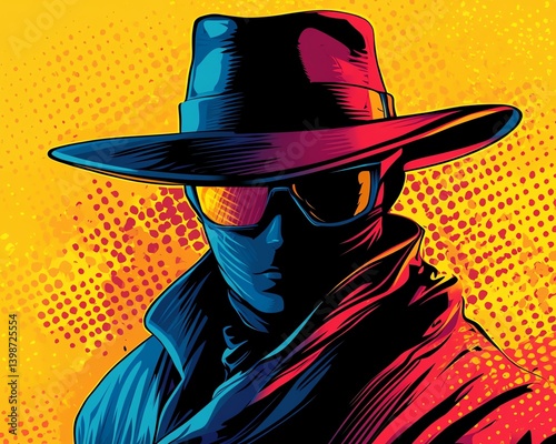 A vibrant, stylized illustration of a secretive figure wearing a hat and sunglasses, evoking mystery and intrigue.