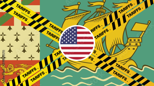 United States applied tariffs on multiple countries, containers painted with flag and yellow warning lines in front backdrop. Tariffs, taxes, import tariff concept, china, canada, India,Saint Pierre