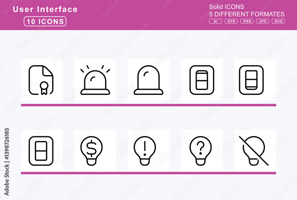 Set of 5 thin user interface icons, file, psd, icon, flat, vector, signature, files, medical, spreadsheet, upload, user, video, word