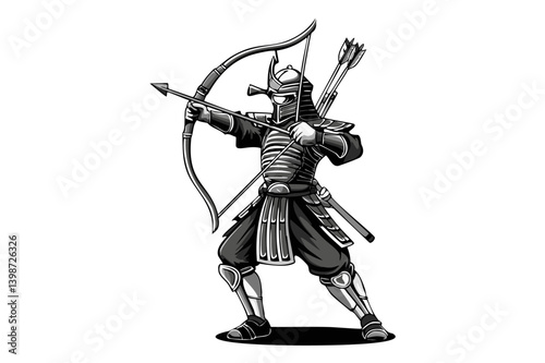 Black and white Japanese samurai warrior in helmet and armor with longbow, Japanese archer
