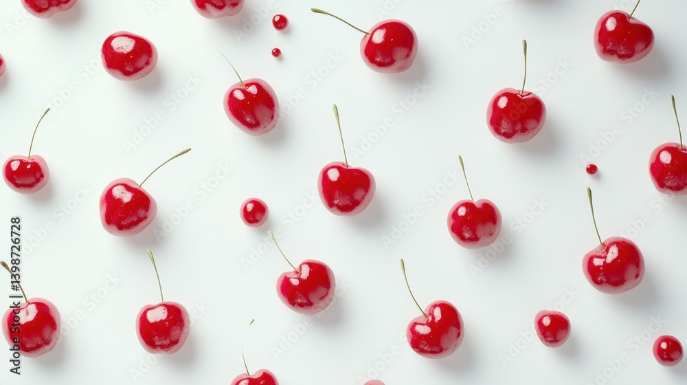 Scattered ripe red cherries on white background forming a pattern. Scattered ripe red cherries on white background forming a pattern.