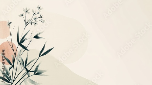 Wallpaper Mural Minimalist botanical illustration with bamboo, flowers, and abstract shapes in muted tones. Torontodigital.ca