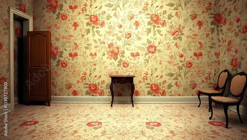 Timeless Elegance 18th Century Vintage Floral Wallpaper Pattern Infused with Linoleum Texture, Evoking Nostalgia and Sophistication in Decorative Wall Paint	