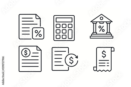 Set of six different symbols for money and calculations