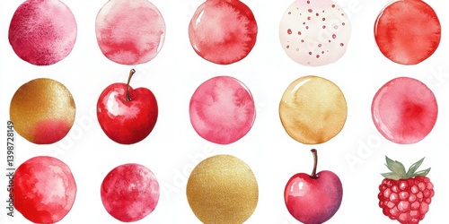 Watercolor fruit patterns and circles in red and gold hues