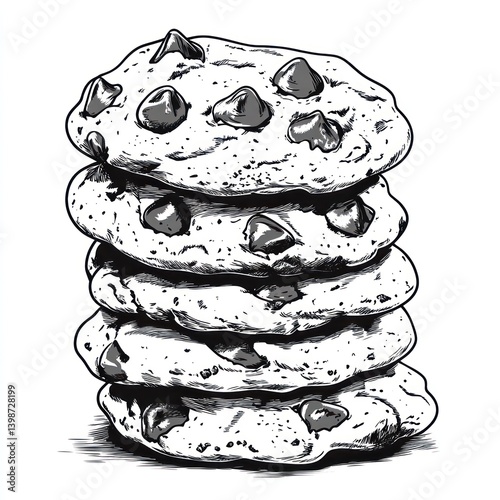 Stack of five delicious chocolate chip cookies in monochrome illustration style.