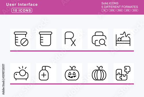 Set of 5 thin user interface icons, hood, cloak, icon, flat, vector, horizontal, rule, hospital, hospitals, symbol, user, hotdog, hotel