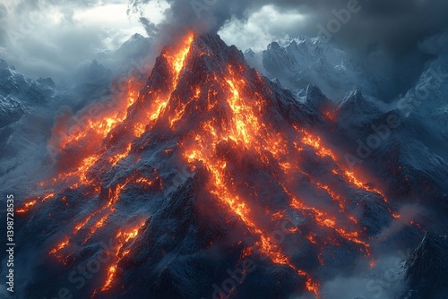 
Magical mountains with burning volcanoes Mountains where volcanoes burn with bright red and orange flames that look like a flash of magic. Lava flows flow down the slopes of the mountains, 