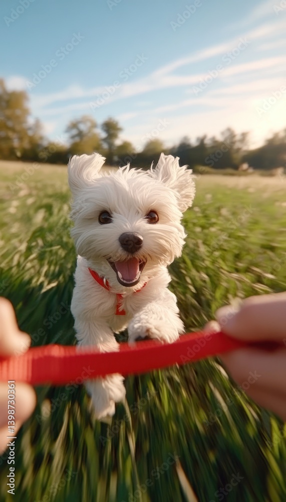 Happy white dog running on green grass field held by red leash pet animal point of view close up outdoors freedom action