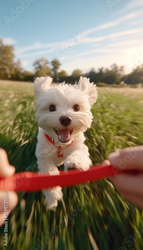 Obraz na płótnie Happy white dog running on green grass field held by red leash pet animal point of view close up outdoors freedom action w salonie