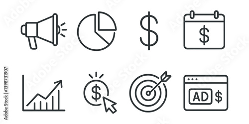 Set of icons for a calendar, a pie chart, a dollar sign, a bullseye