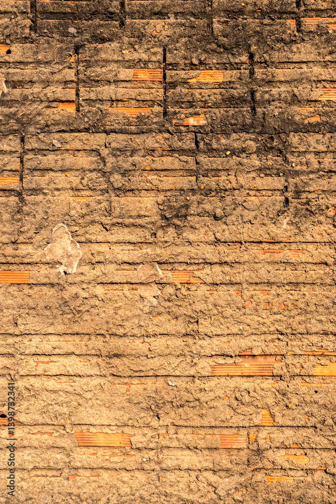 Rustic brick wall texture with weathered mortar. Ideal for construction, architecture, urbanism, and restoration themes