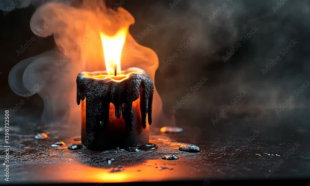 Black candle melting with flames and smoke against a dark background