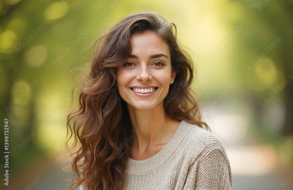 Beautiful woman outside smiles. Brunette with wavy hair wears light-colored sweater in blurred green nature background. Positive emotion, well-being. Modern urban lifestyle, happy thirty year old