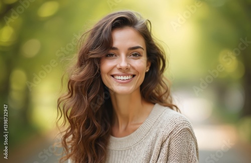 Obraz na płótnie Beautiful woman outside smiles. Brunette with wavy hair wears light-colored sweater in blurred green nature background. Positive emotion, well-being. Modern urban lifestyle, happy thirty year old w salonie