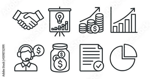 Series of icons that include a handshake, a jar of money, a graph