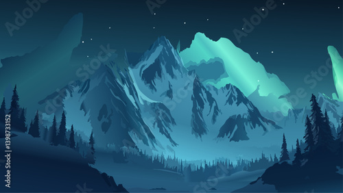 Alaskan Wilderness with Northern Lights winter wonderland at night as a vector illustration