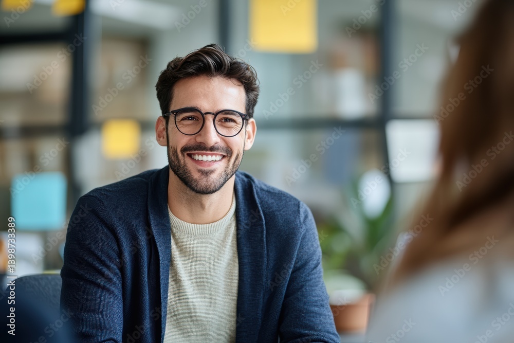 Obraz premium Engaging smiling man in casual attire during a collaborative meeting in a bright office