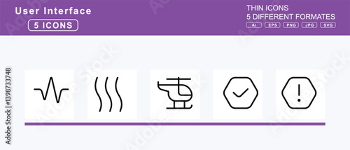 Set of 5 thin user interface icons, scrubber, icon, flat, vector, scythe, seal, exclamation, question, search, -2, dollar, heart