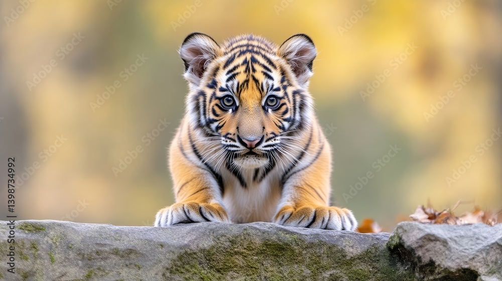 Obraz premium Adorable tiger cub on a rock. A small tiger cub, with striking orange and black stripes, sits attentively on a gray rock. Focused gaze, soft fur, and a curious expression.