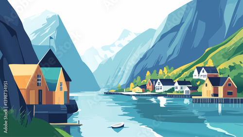 Norwegian Fjords with Coastal Village stunning fjord views as a vector illustration