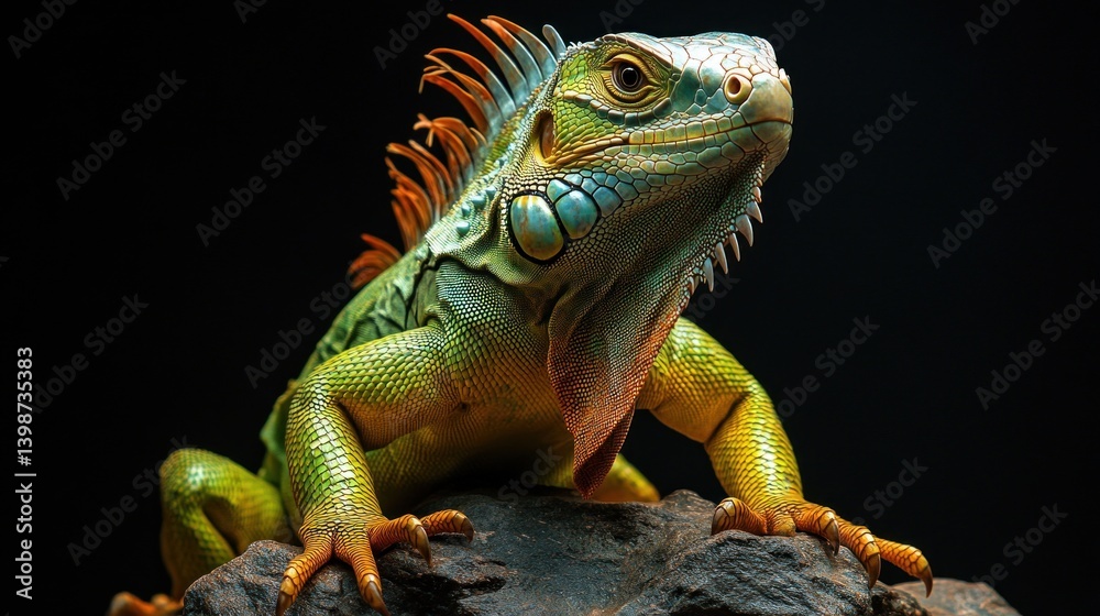 Fototapeta premium A green iguana rests on rocks, showcasing its vibrant scales against a black background for a striking contrast