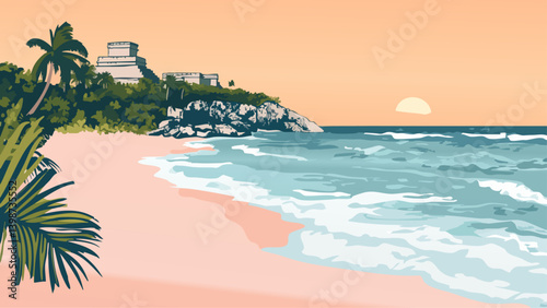 Tulum Beach at Sunrise tropical beach at dawn as a vector illustration