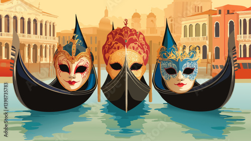Venetian Carnival Masks and Gondolas vibrant costumes as a vector illustration