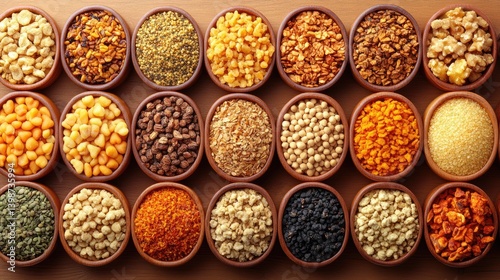 Wallpaper Mural Various dried herbs and spices are arranged in wooden bowls on a brown wooden surface Torontodigital.ca