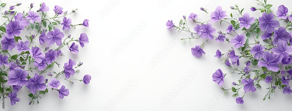 Minimalist realistic blooming strelitzia tree, orange & blue bird-of-paradise flowers, top-down view on white background.