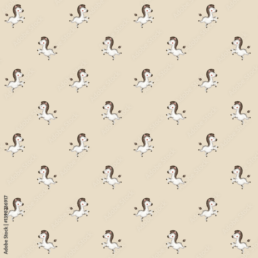 Seamless pattern featuring adorable zebras running playfully on a beige background, creating a cheerful and vibrant design suitable for children's textiles, apparel, and other creative projects Seamless pattern featuring adorable zebras running playfully on a beige background, creating a cheerful and vibrant design suitable for children's textiles, apparel, and other creative projects