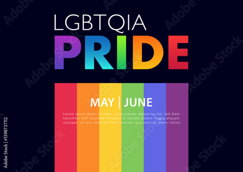 LGBTQIA PRIDE banner with colorful rainbow flag on dark background. Vector illustration