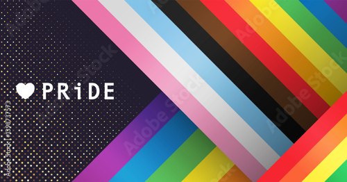 PRIDE banner with colorful weaved progress pride color stripes and glitter background. Vector illustration