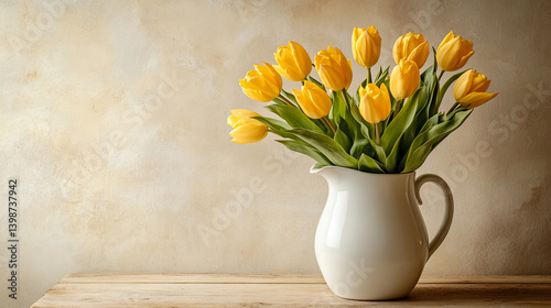 Wallpaper Mural Yellow tulips in a ceramic jug on a wooden table with warm sunlight and soft shadows, cozy spring floral arrangement for home decor, seasonal greetings, and lifestyle content

 Torontodigital.ca