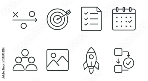Set of icons for a calendar, a target, a check list, and a rocket