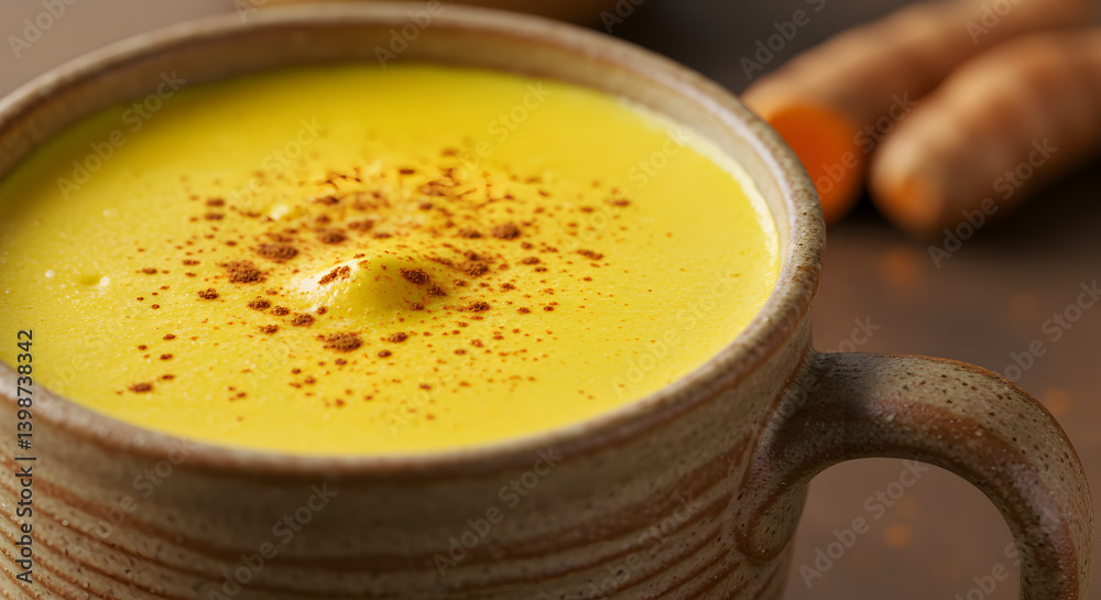 Golden Turmeric Latte in a Ceramic Cup with Cinnamon and Roots Golden Turmeric Latte in a Ceramic Cup with Cinnamon and Roots