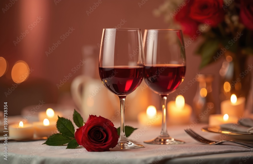 Romantic date setting with red wine glasses, rose, candles. Atmosphere of love, celebration on anniversary, Valentine Day. Fine dining, evening, luxury, elegant table decor. Perfect for honeymoon, Romantic date setting with red wine glasses, rose, candles. Atmosphere of love, celebration on anniversary, Valentine Day. Fine dining, evening, luxury, elegant table decor. Perfect for honeymoon,