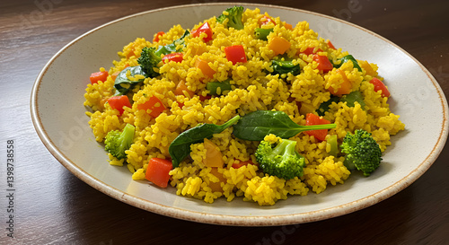 Delicious Golden Turmeric Rice With Fresh Vegetables On A Plate photo