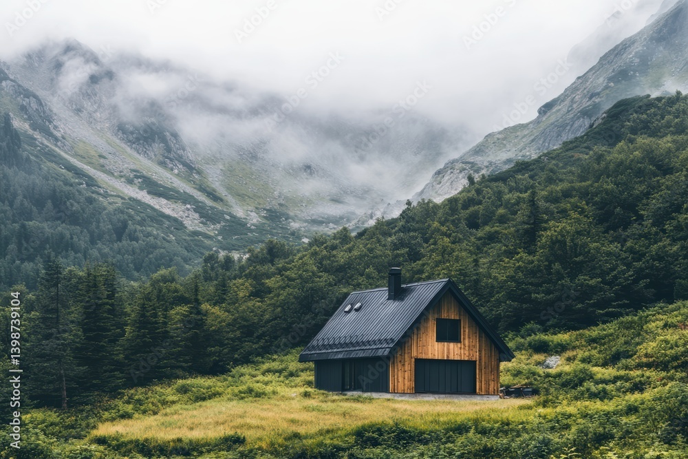 Mountain retreat showcasing simple design in tranquil surroundings with misty peaks Mountain retreat showcasing simple design in tranquil surroundings with misty peaks
